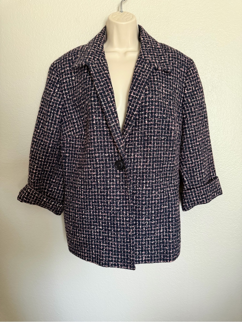 Jones New York Navy and Pink Tweed Single-Button Blazer